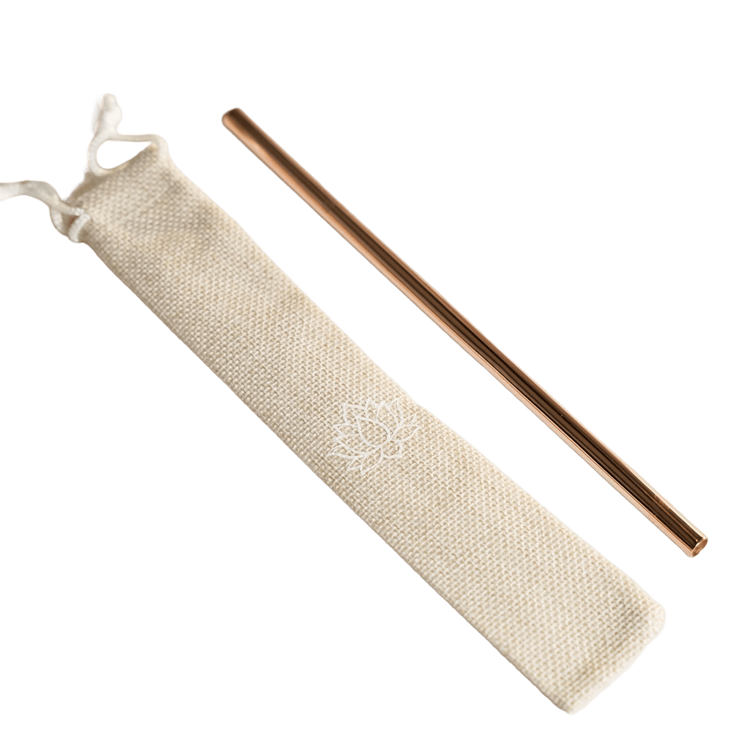 Single rose gold-colored metal straw with beige fabric storage pouch on white background