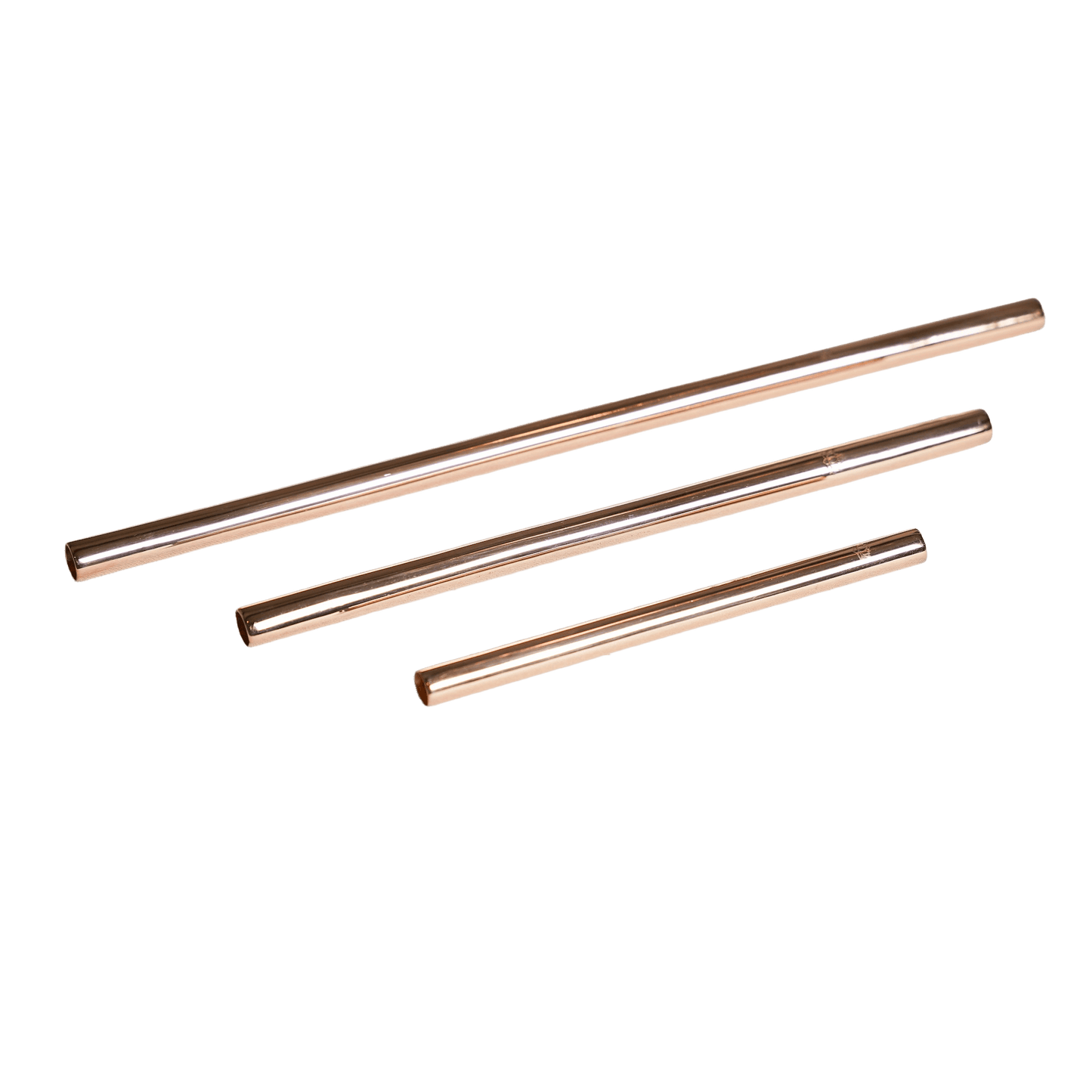 Three reusable rose gold-colored metal straws of varying lengths arranged diagonally on a white background