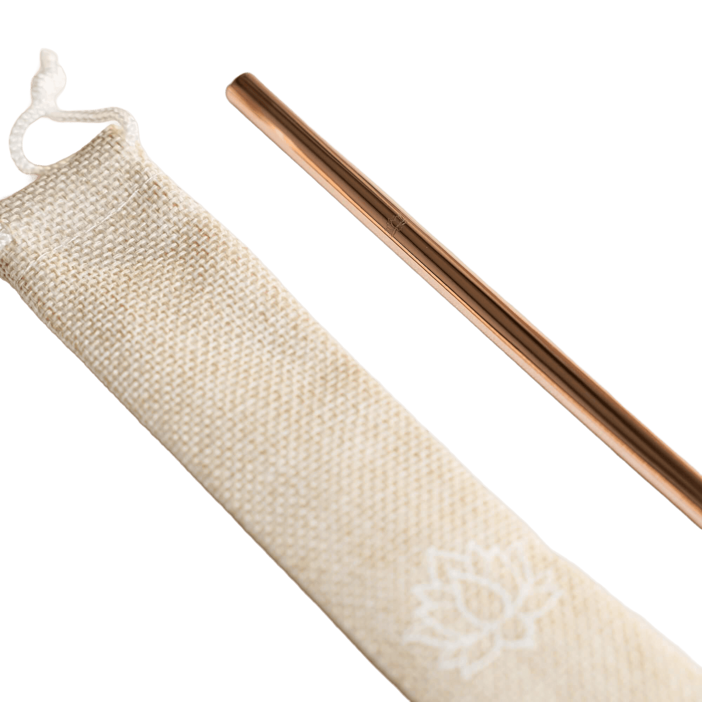 Close-up of rose gold metal straw partially inserted in beige drawstring storage pouch