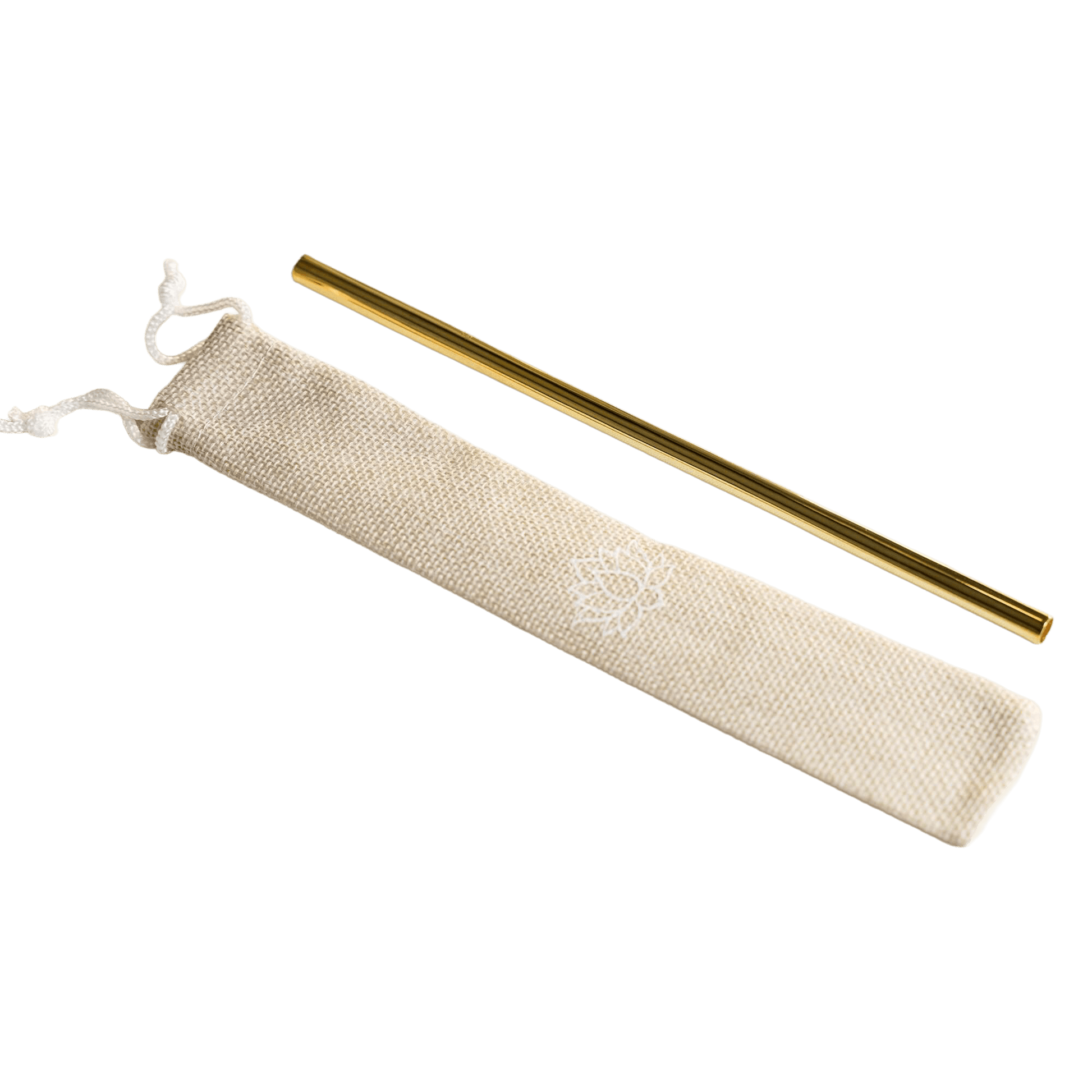 Single gold-colored metal straw with beige fabric storage pouch on white background