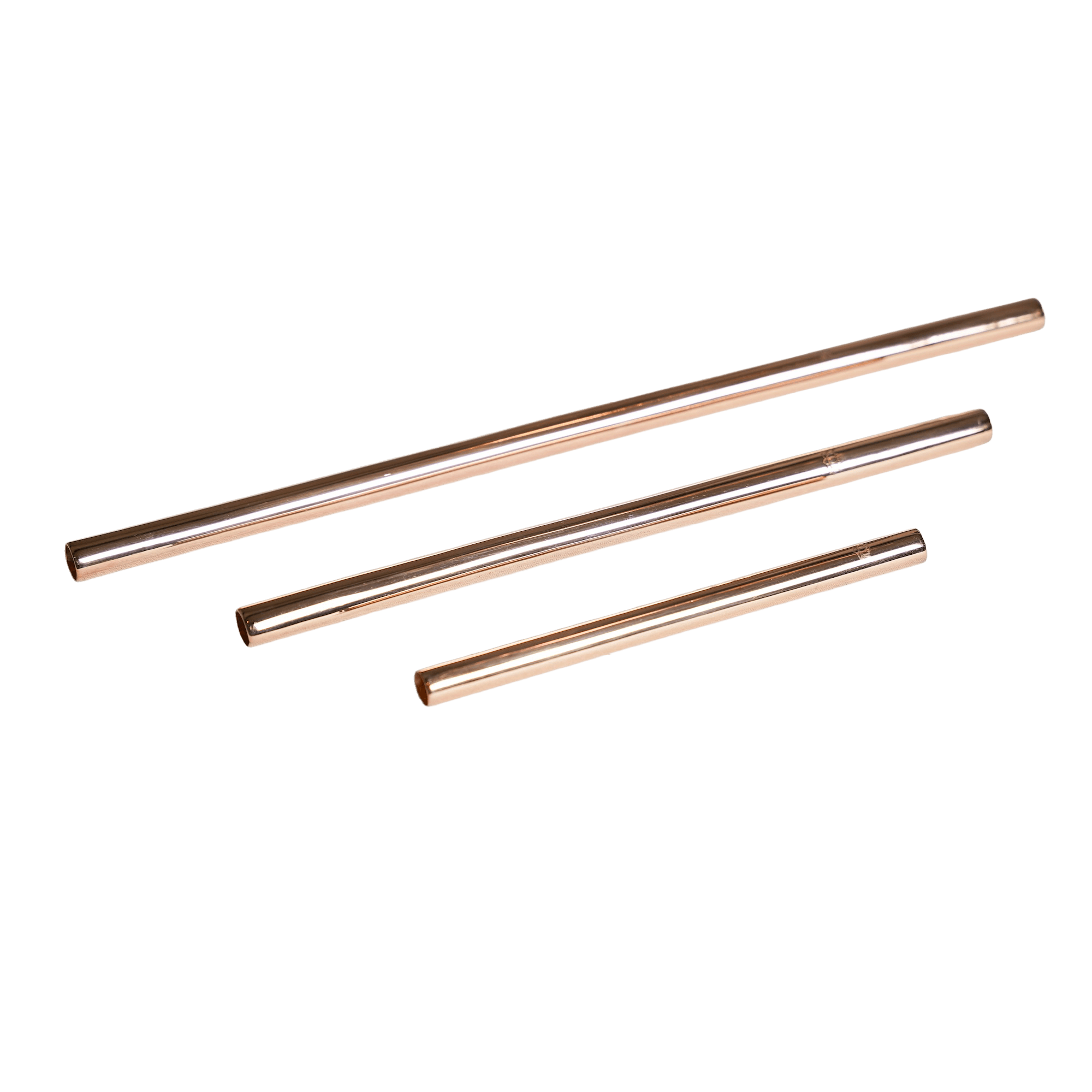 Three reusable rose gold-colored metal straws of varying lengths arranged diagonally on a white background