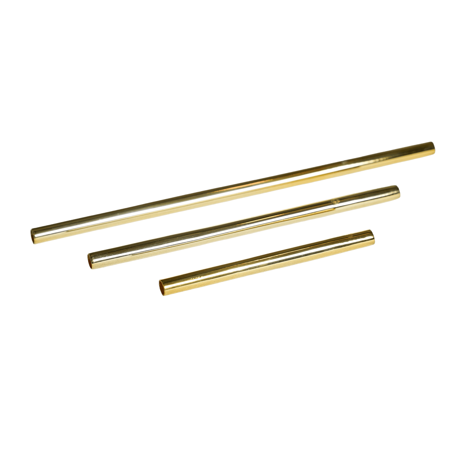 Three reusable gold-colored metal straws of varying lengths arranged diagonally on a white background