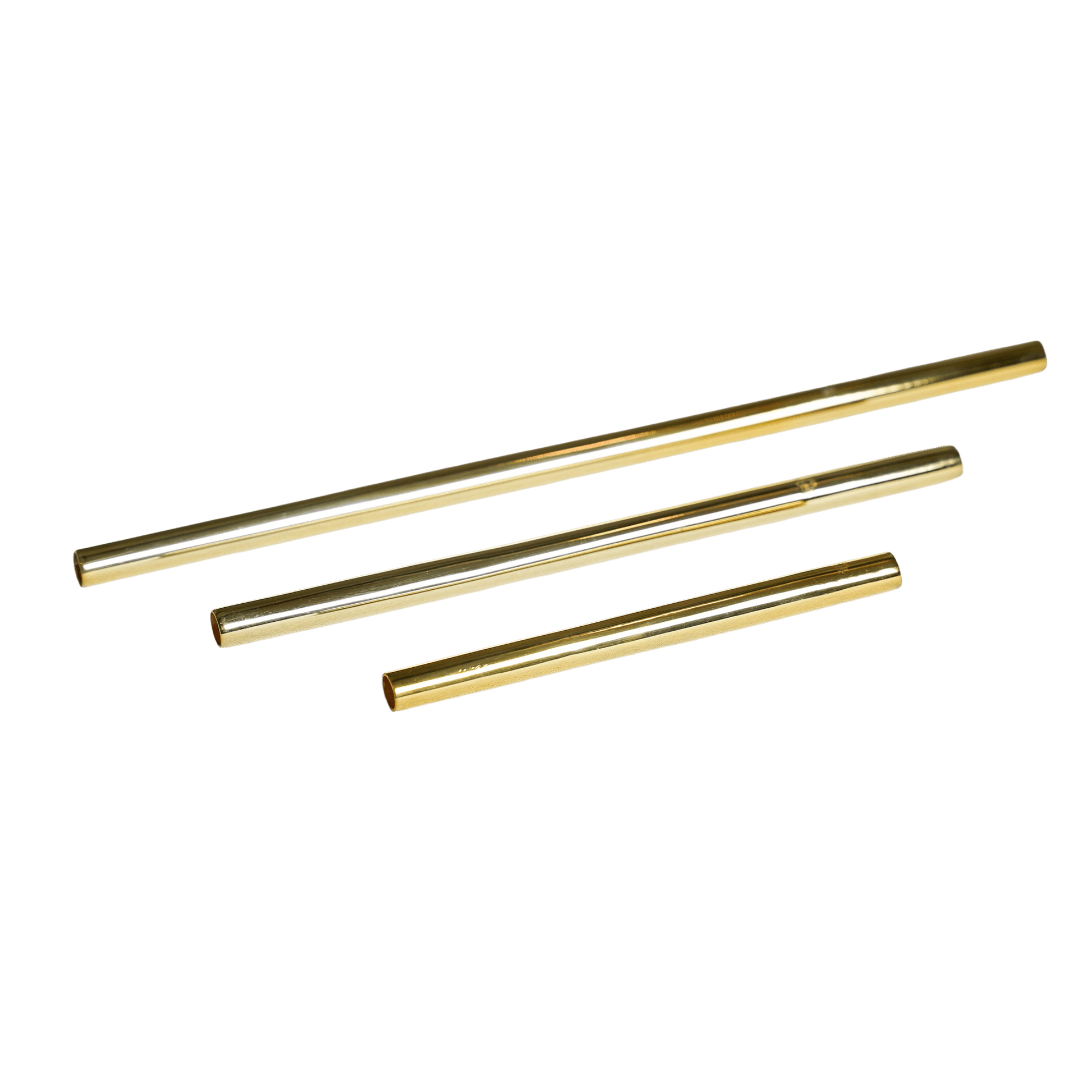 Three reusable gold-colored metal straws of varying lengths arranged diagonally on a white background