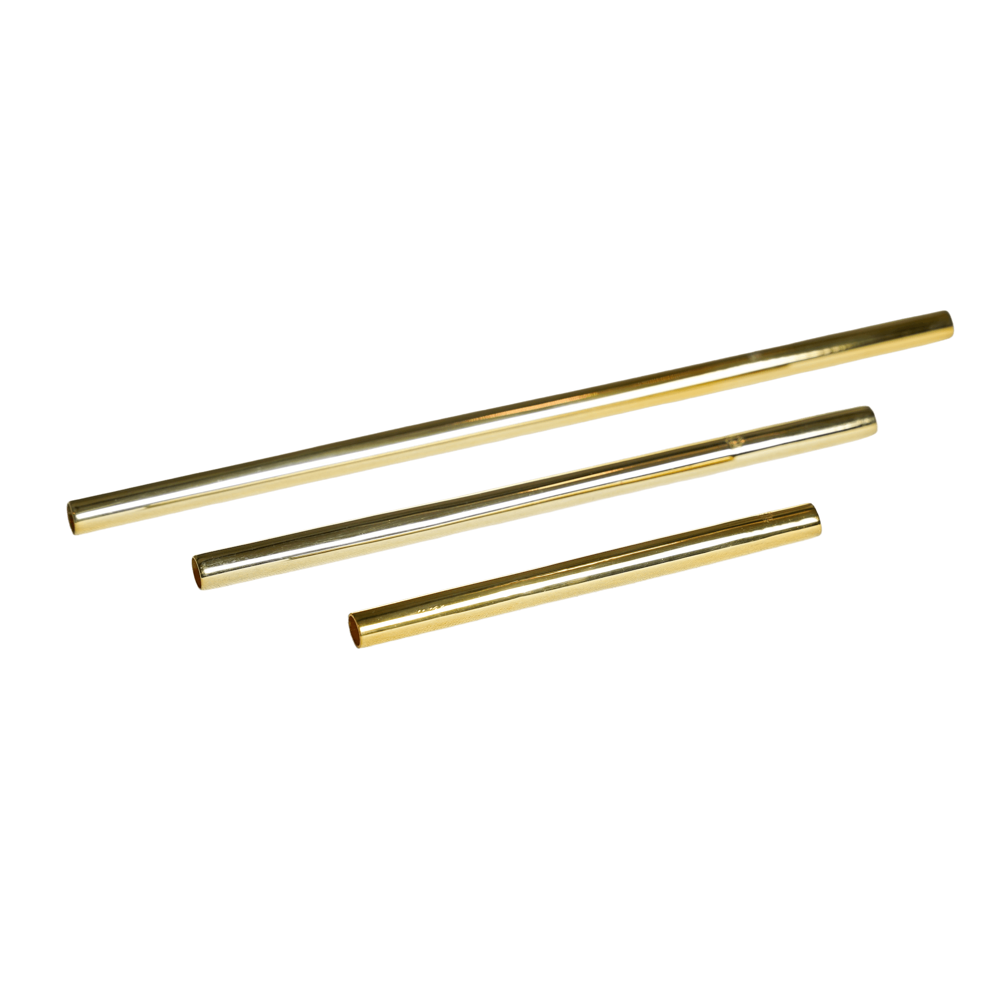 Three reusable gold-colored metal straws of varying lengths arranged diagonally on a white background